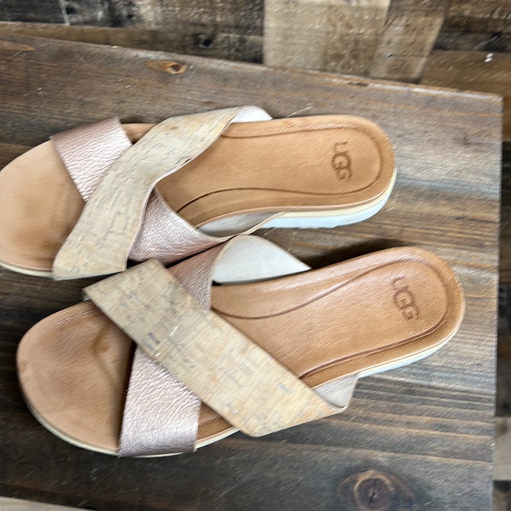 UGG Kari Treadlite Women's Rose Gold Metallic Cork Leather Slide‎ Sandals Size - Picture 2 of 8